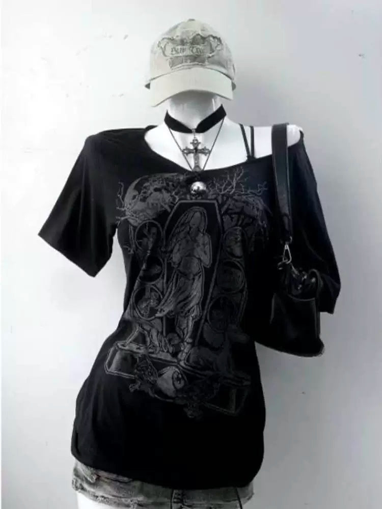 Black Punk Y2K E-girl American Retro Off-Shoulder Paneled Short Sleeve Top