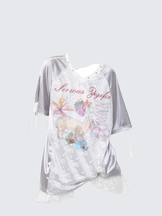 American Vintage Satin Lace Bow Short Sleeve T-Shirt