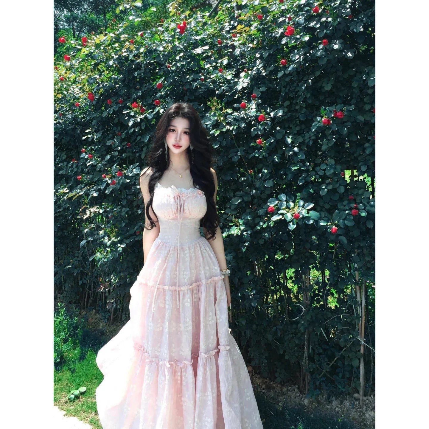 French Pink Halter Soft Sweet Waist-Cinched Princess Tiered Beach Vacation Maxi Dress