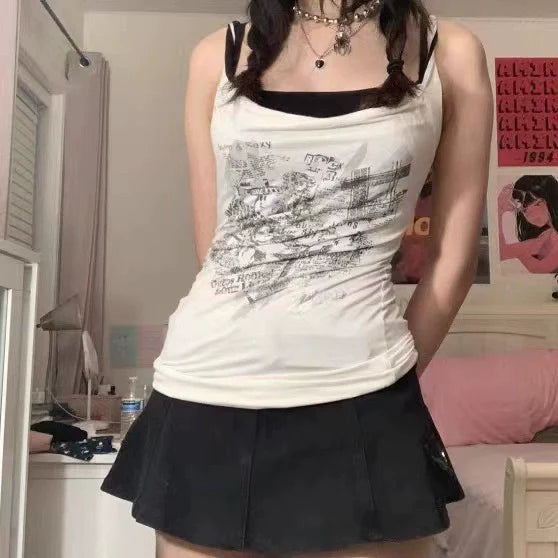 Fake Two-Piece Tank Top Subculture Punk Y2K E-girl Gothic Slim Tank Top
