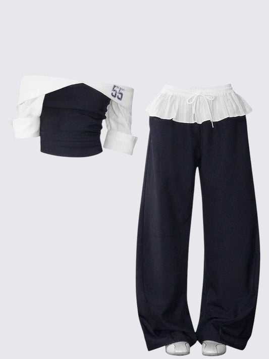 American Colorblock Off-Shoulder Ruffle Set