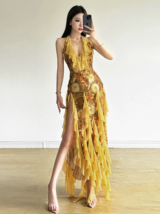 E-girl Gold Print V-Neck Halter Ruffle High-Slit Midi Dress