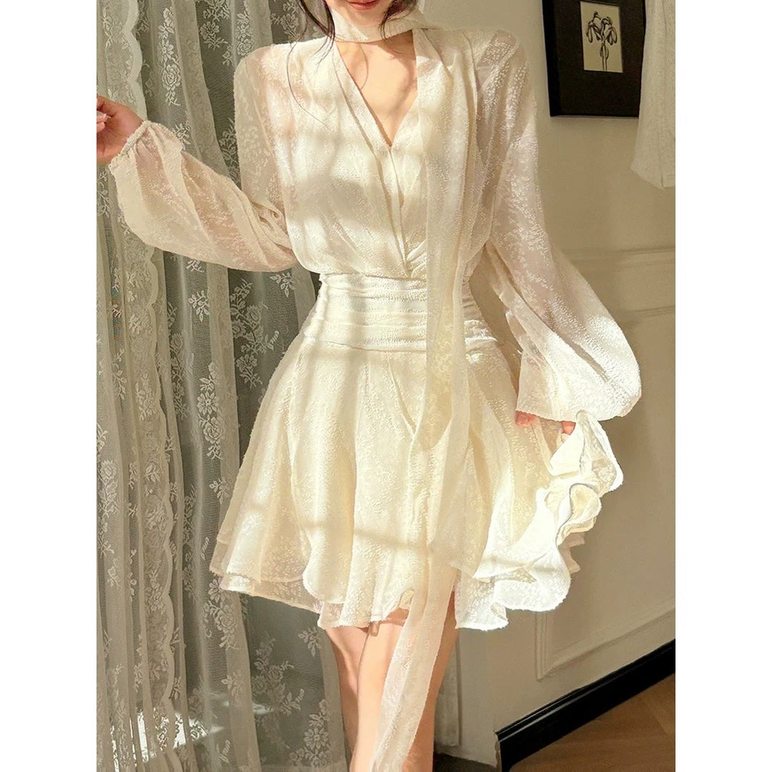 French Long Sleeve Chiffon Designer Short Dress – Spring and Summer Elegant Dress