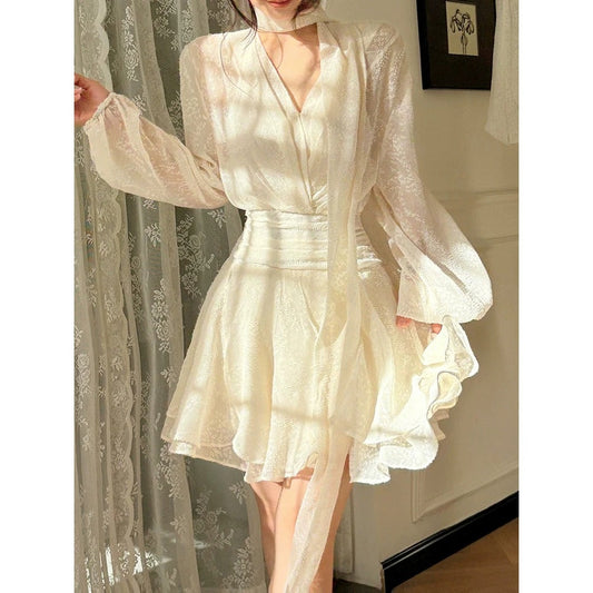 French Long Sleeve Chiffon Designer Short Dress – Spring and Summer Elegant Dress