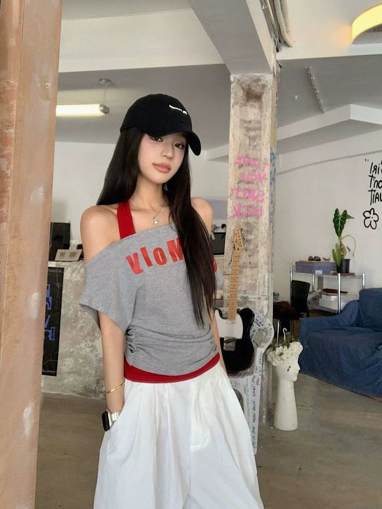 Light Gray Halter Fake Two-Piece Y2K T-Shirt