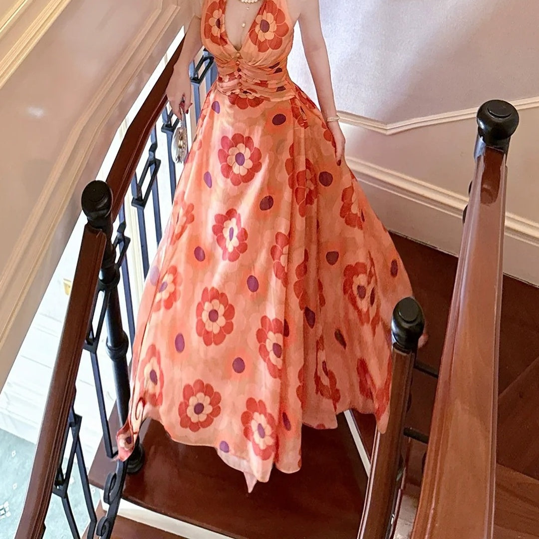 French Orange Floral Halter Neck Gown Dress – Summer Vacation Dress