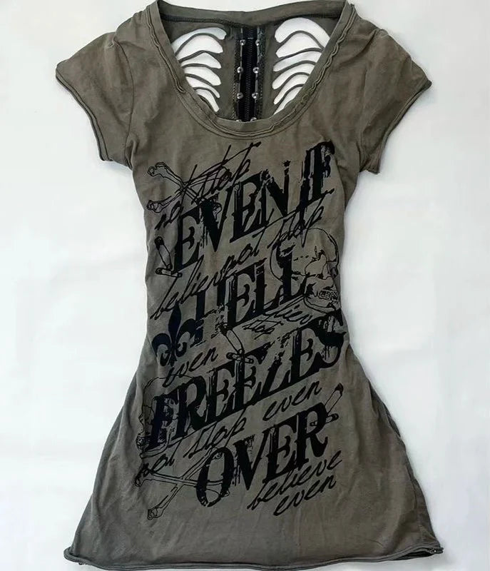 Letter Ripped Subculture Rock Punk Y2K Abi E-girl American Retro Letter Ripped Short Sleeve Top