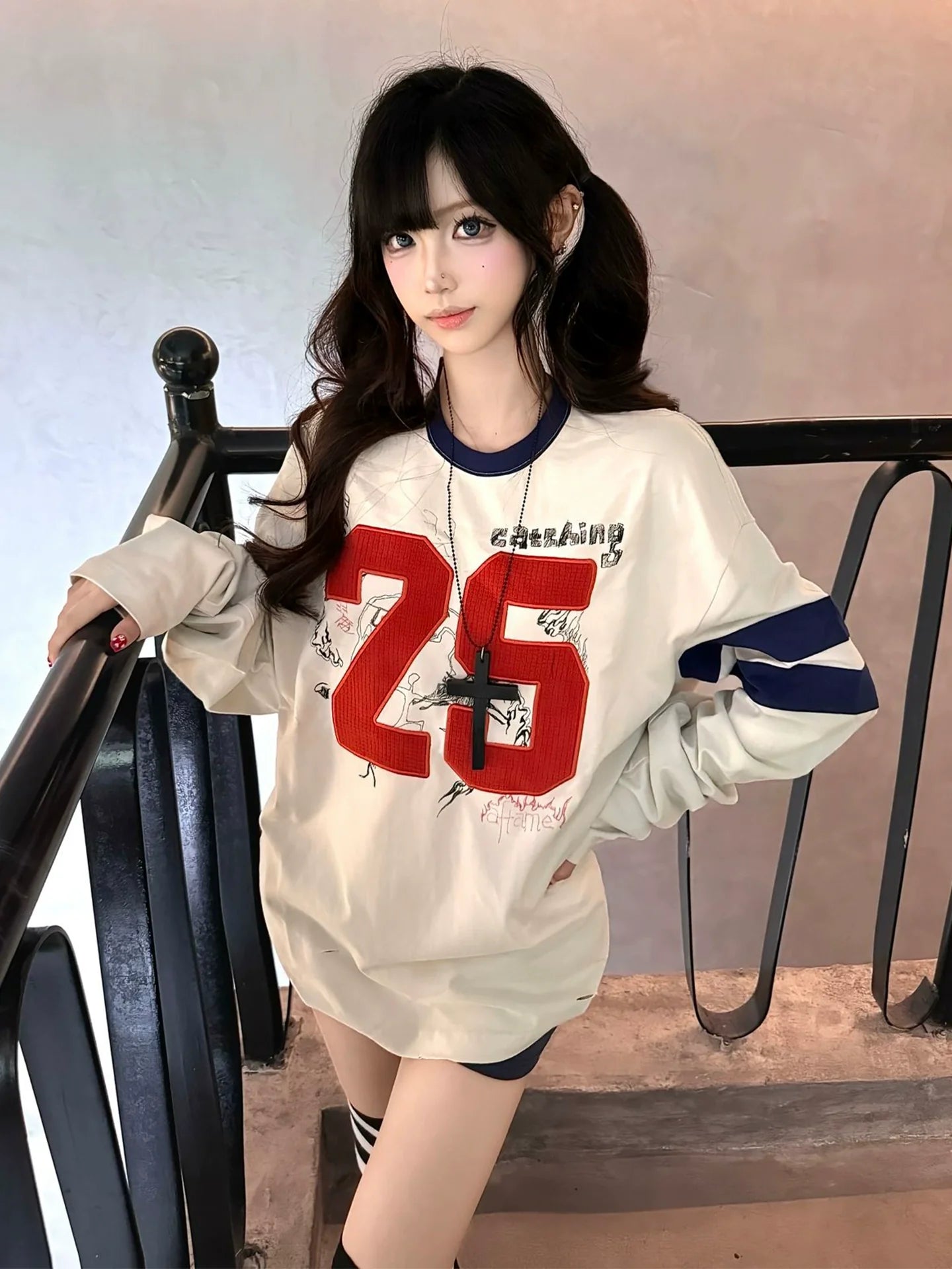 Retro Color Block Embroidered Graffiti Long Sleeve Top Loose Fit