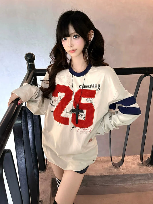 Retro Color Block Embroidered Graffiti Long Sleeve Top Loose Fit