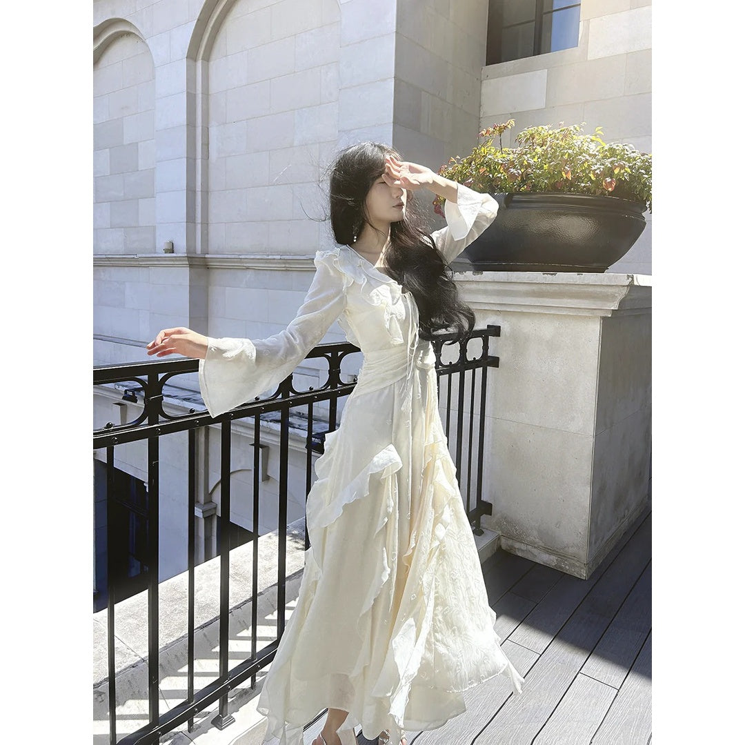 French Fairy V Neck Long Sleeve Ruffle Mermaid Gown Dress