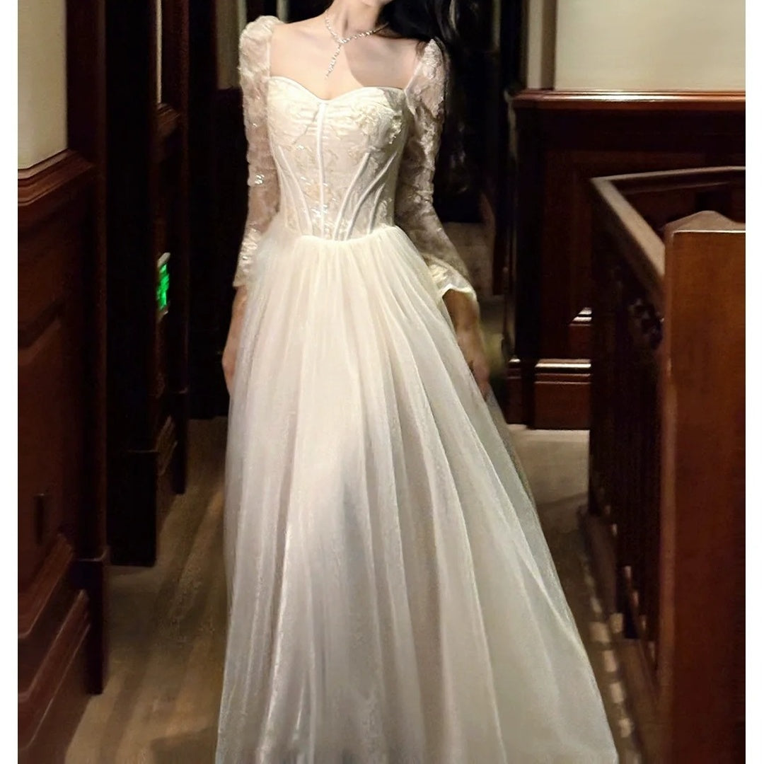 French Luxury Mesh Long Sleeve Bone Gown Dress