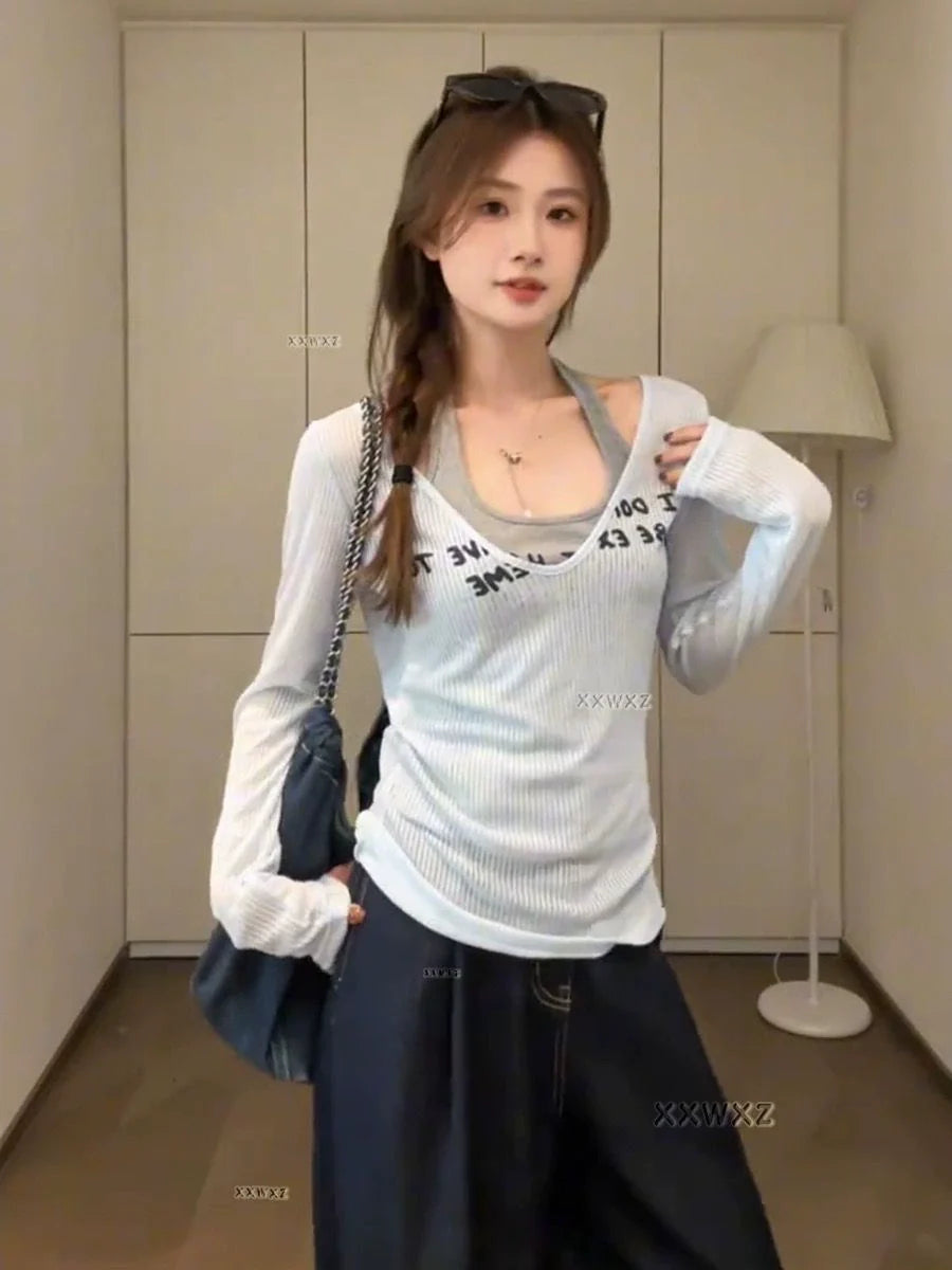 Blue & Gray Two-Piece Set Light Subculture Y2K E-girl American Retro Long Sleeve T-shirt & Printed Camisole Set