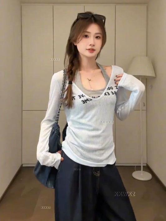 Blue & Gray Two-Piece Set Light Subculture Y2K E-girl American Retro Long Sleeve T-shirt & Printed Camisole Set