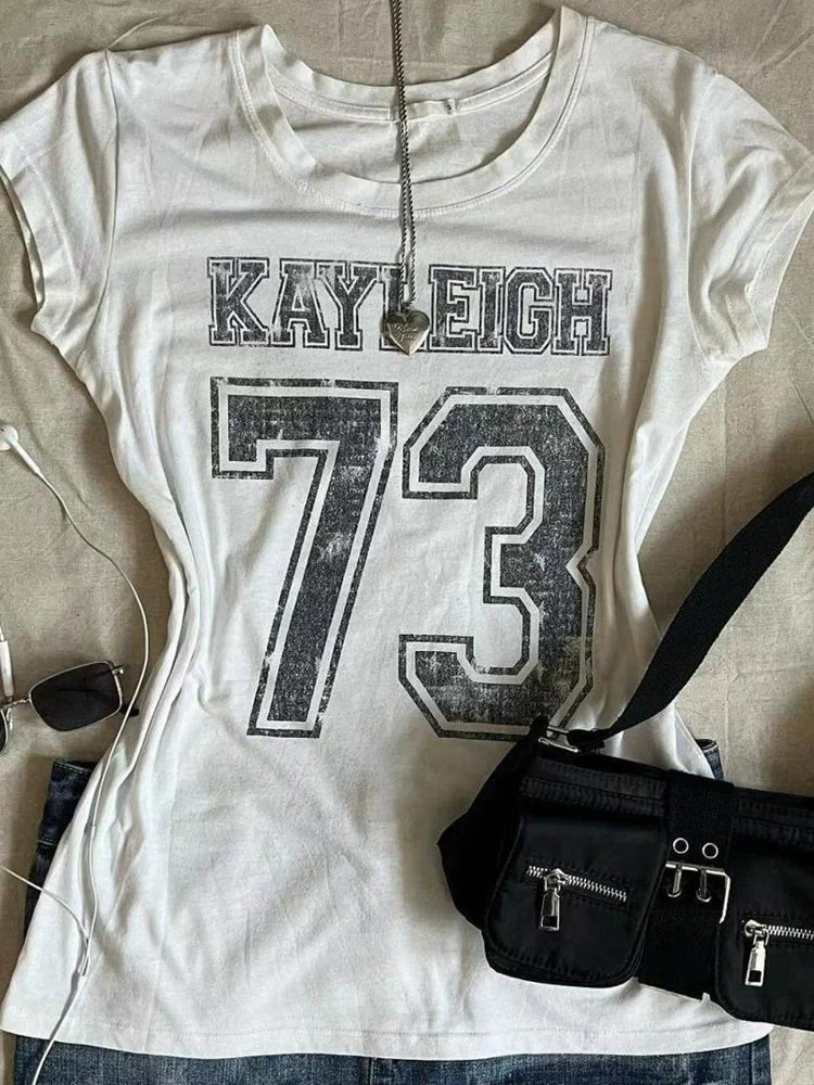 Retro White Subculture Y2K E-girl Abi American Vintage Sports Slim Short Sleeve Top