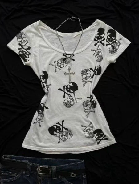 White Subculture Punk Y2K E-girl Abi American Retro Skull Print Short Sleeve Top (Style 2)