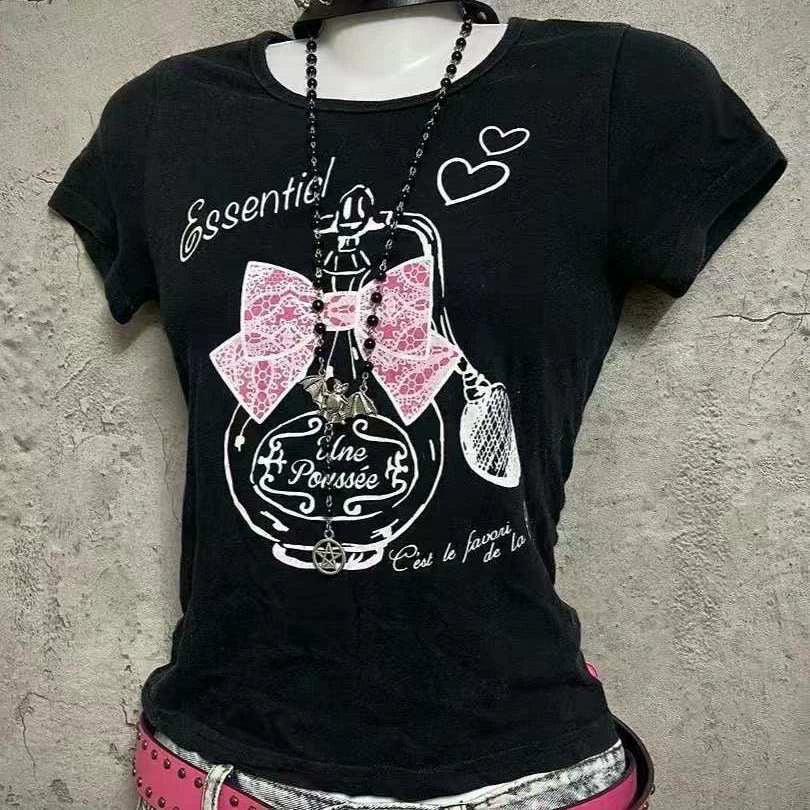 Black Subculture Y2K E-girl Abi American Retro Cute Bow Print Short Sleeve Top