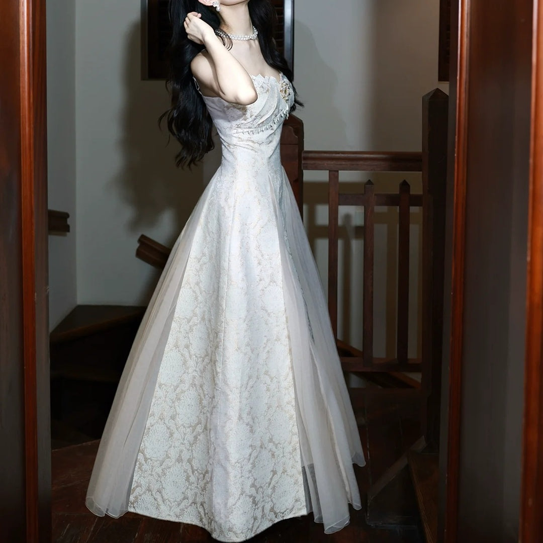 French Printed Spaghetti Strap Fitted Waist Gown Dress