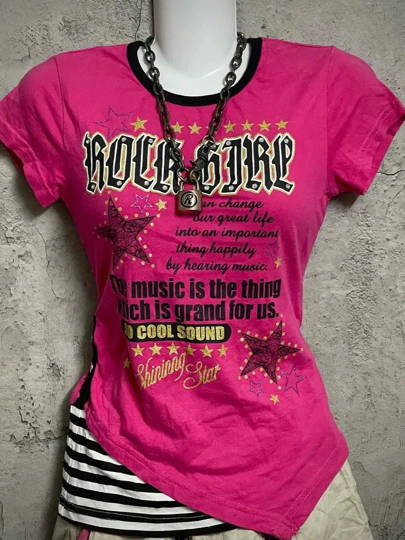 Magenta Striped Fake Two-Piece Short Sleeve Subculture Y2K E-girl Abi Vintage Letter Print Top