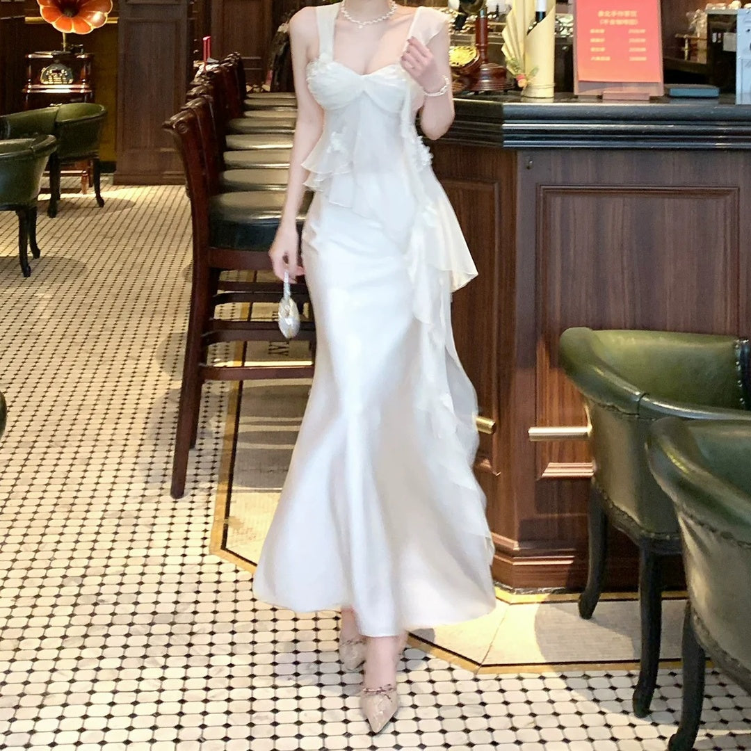 French Lace Floral Asymmetrical Top and Satin Mermaid Skirt Set