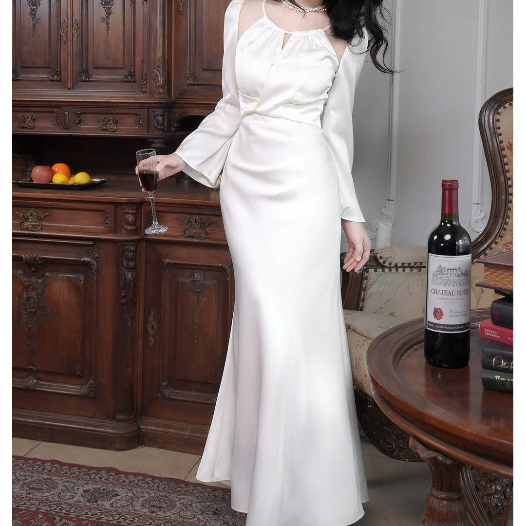 French Satin Long Sleeve Bodycon Birthday Gown Dress