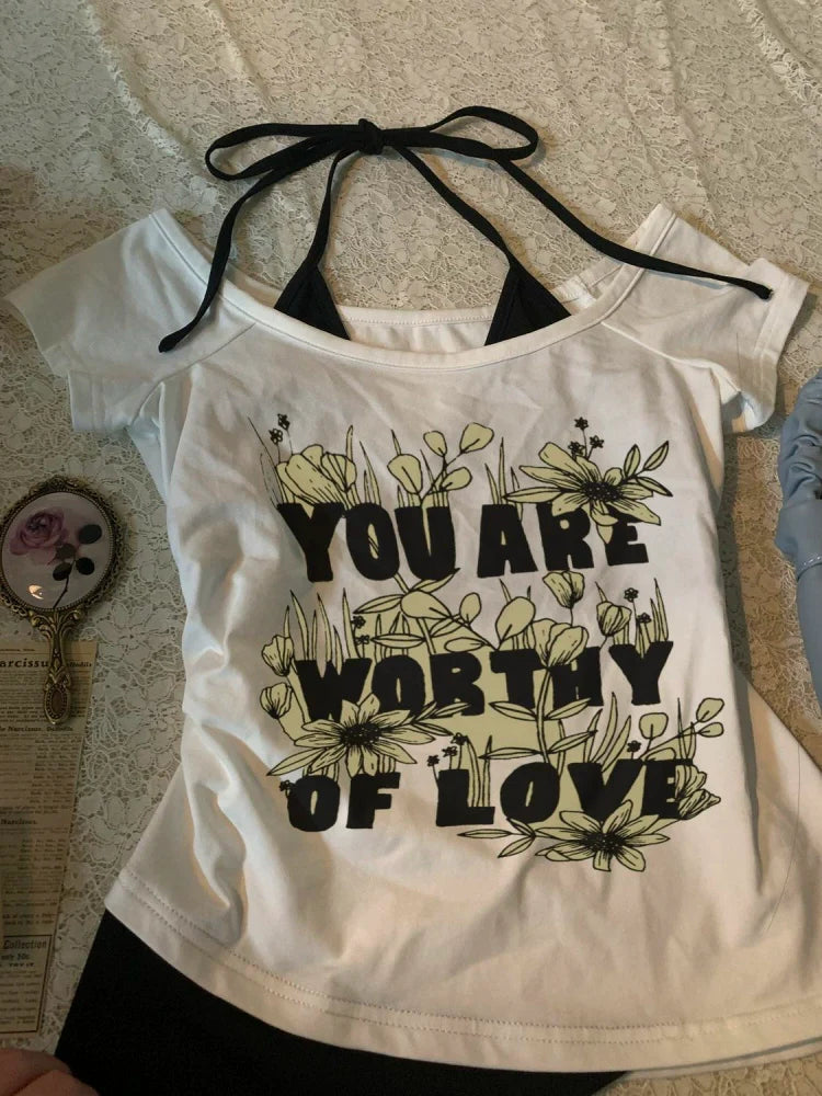 White Vintage Print Halter Fake Two-Piece Y2K T-Shirt