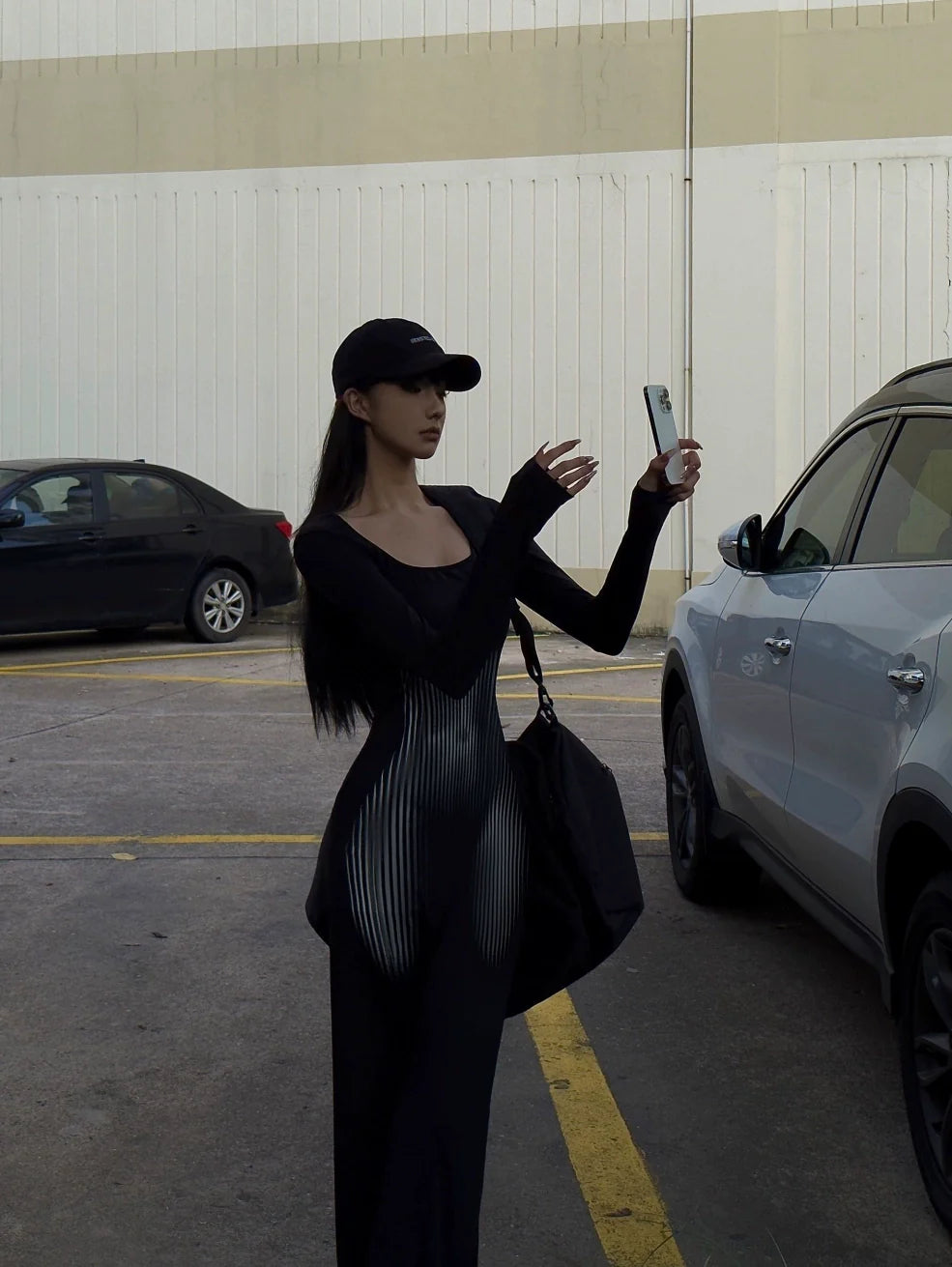 Sexy E-girl Black Print Long-Sleeve Bodycon Waist-Cinched Maxi Dress