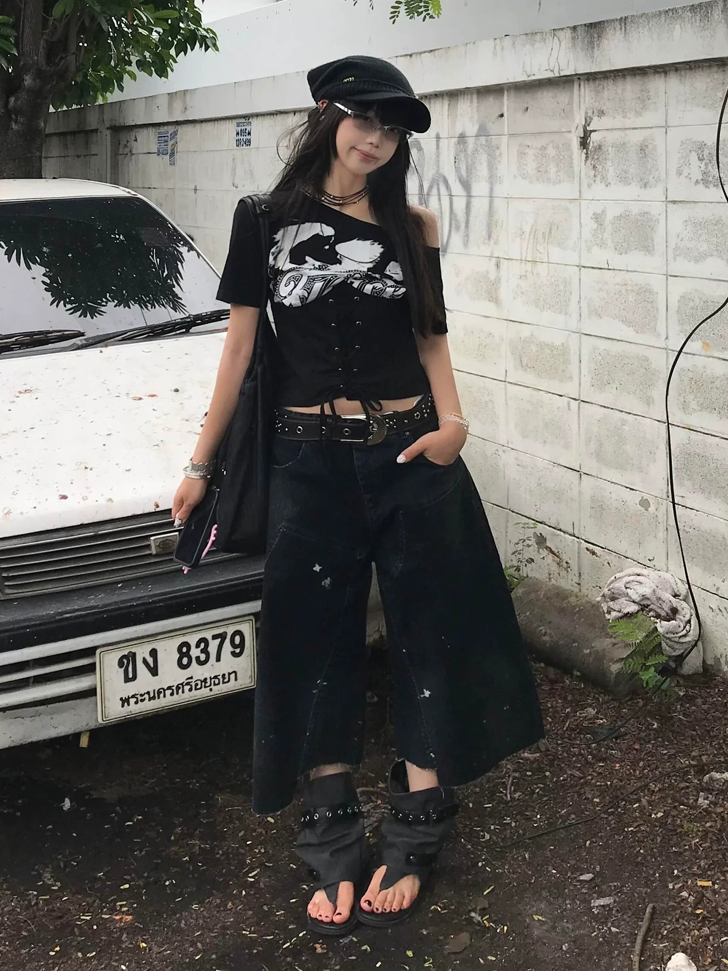 Subculture Black Off-Shoulder Tee Waist Tie Fitted Top