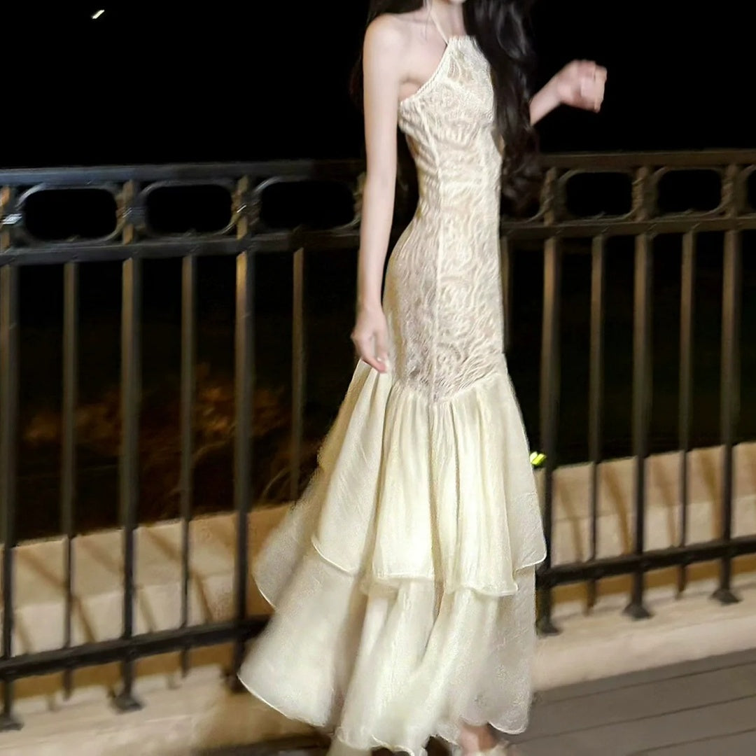 French Ruffle Lace Spaghetti Strap Mermaid Gown Dress