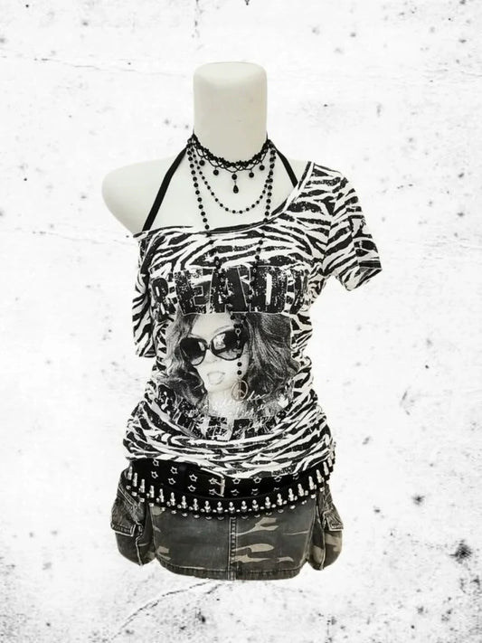 Zebra Stripe Tie-Front Y2K T-Shirt