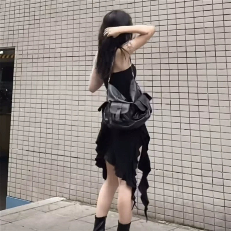 Edgy Black Ruffle-Sash Tube Top Asymmetrical Mini Dress