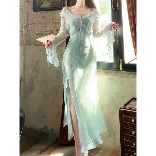 Ruffle Gold Long Sleeve Silk Gown Dress