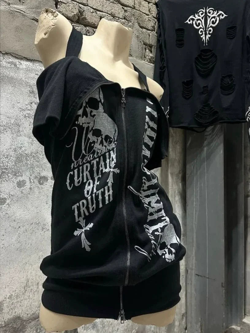 Black Subculture Rock Punk Y2K E-girl Abi American Retro One-Shoulder Short Sleeve Top