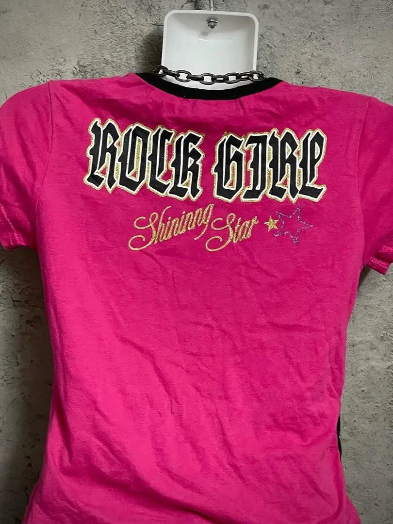 Magenta Striped Fake Two-Piece Short Sleeve Subculture Y2K E-girl Abi Vintage Letter Print Top