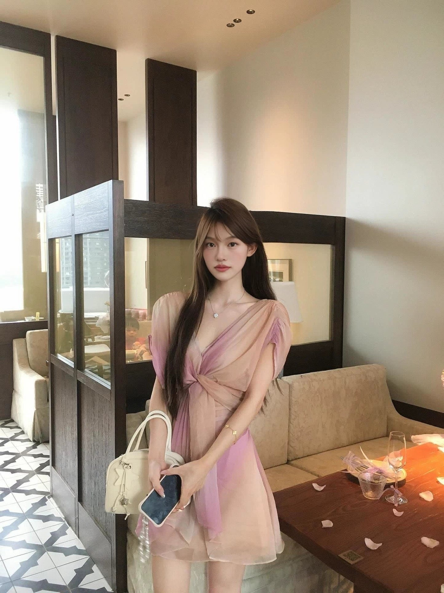 Vibrant Pink V-Neck Ombre Tulle Mini Dress