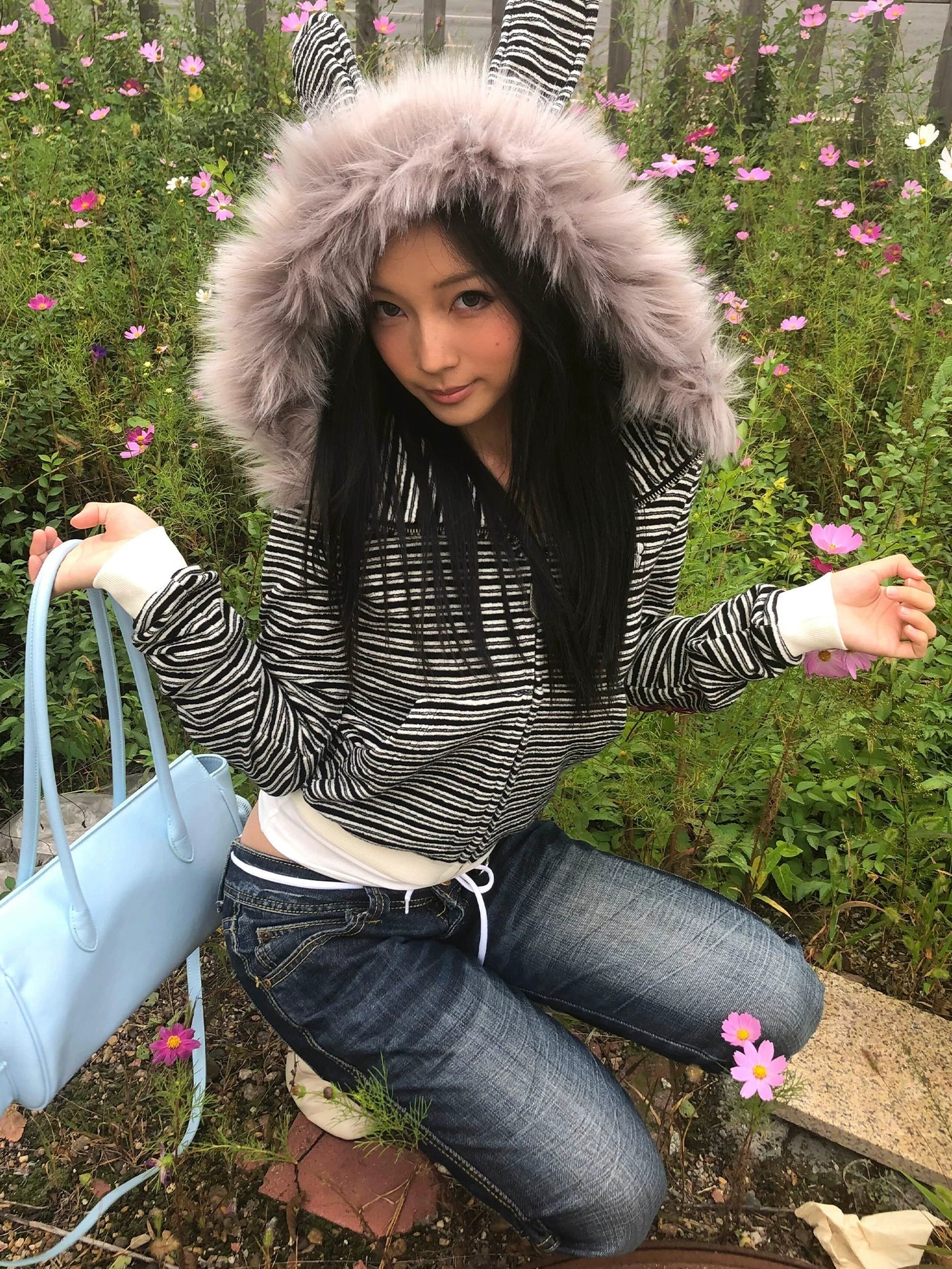 Y2K Rabbit Ear Stripe Hoodie for Autumn Winter