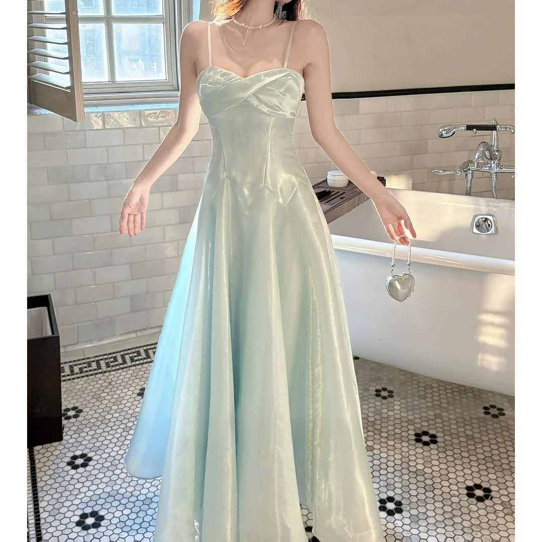 French Blue Spaghetti Strap Fitted Waist Flared Gown Dress