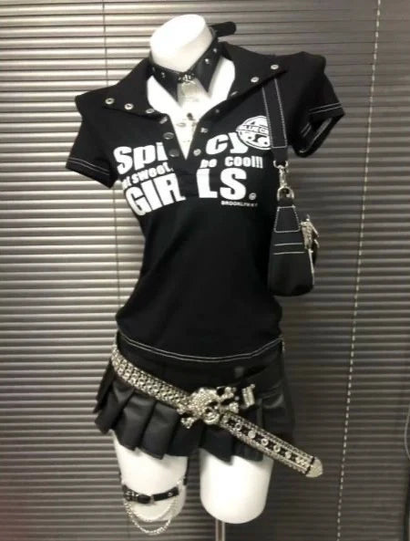 Black Gothic Letter Print Tee Y2K Top