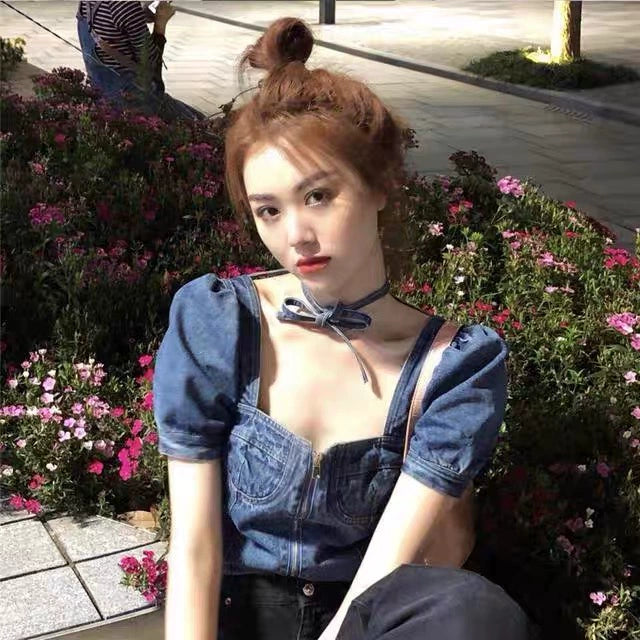 Dark Blue Design Niche Tie Retro Square-Neck Y2K Denim Shirt