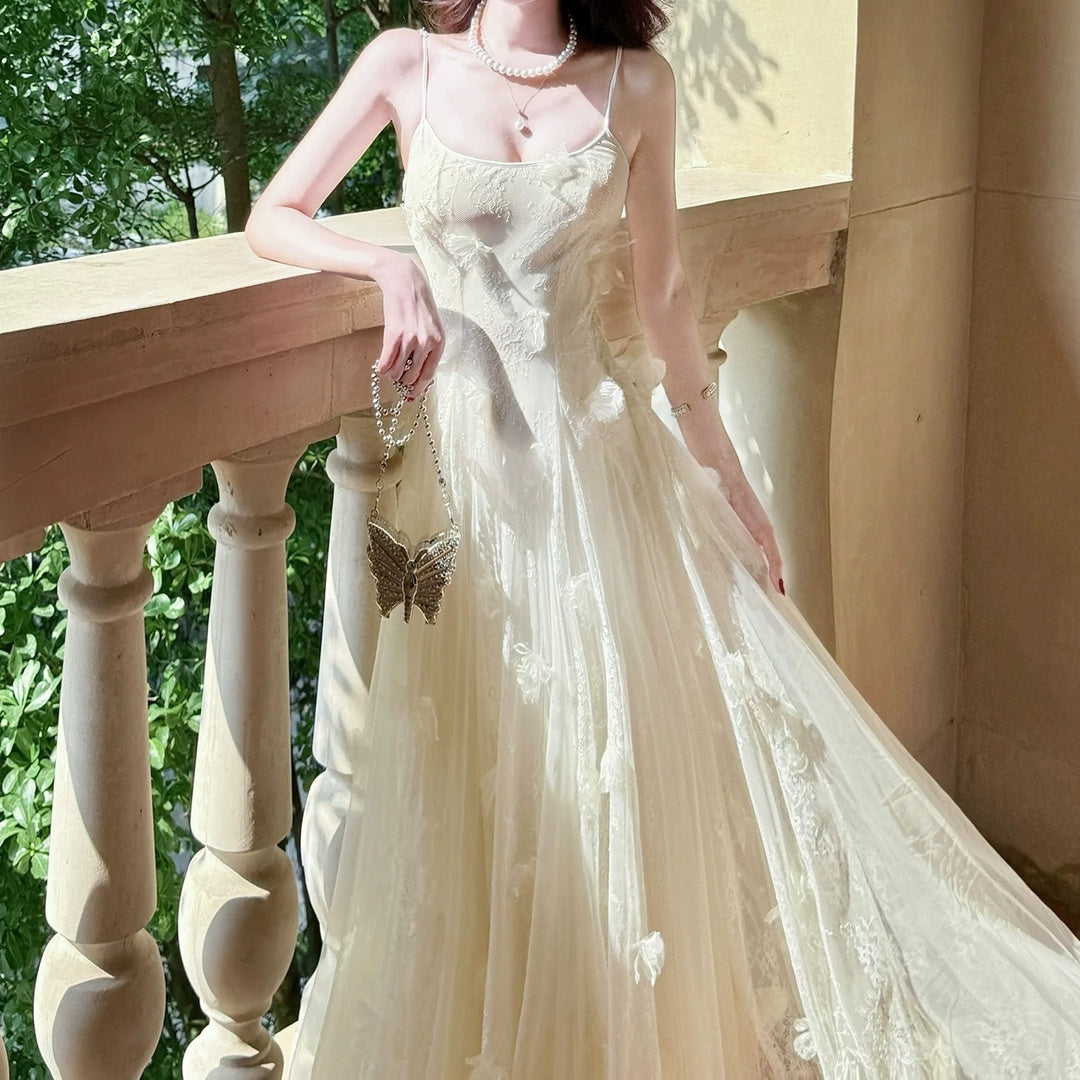 French Lace Floral Tulle Spaghetti Strap Gown Dress