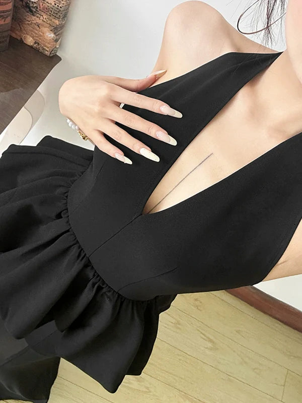 Mature Elegant Black V-Neck Halter Tulle-Paneled Sheer Fake Two-Piece Maxi Dress