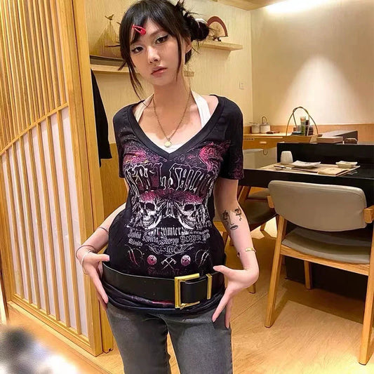 Black Punk Y2K E-girl Retro Print V-neck Unique Design Short Sleeve Top