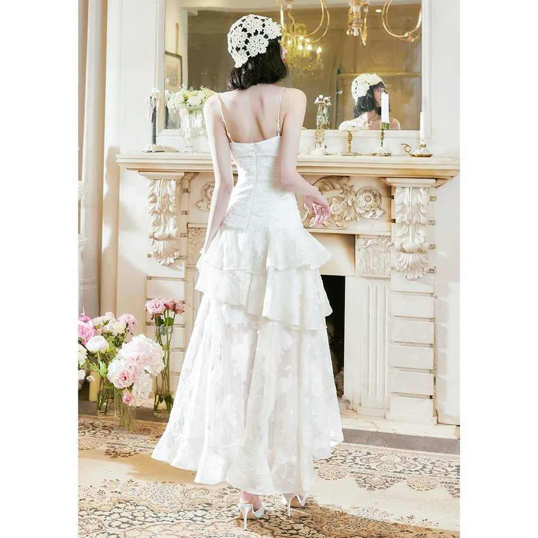 French Asymmetrical Jacquard Drawstring Gown Dress