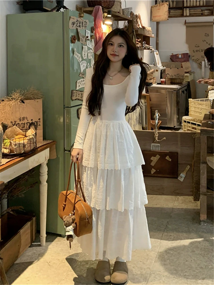 White Open-Back Ballet-Inspired Tiered Midi Dress