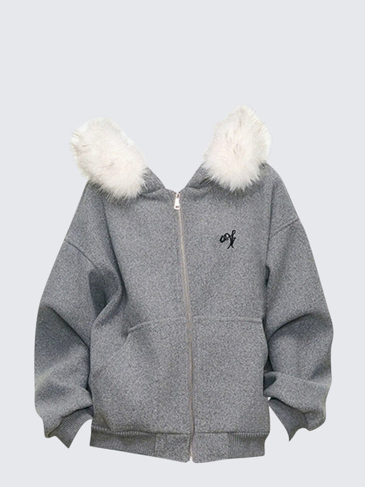 Grey Faux Fur Zip Jacket