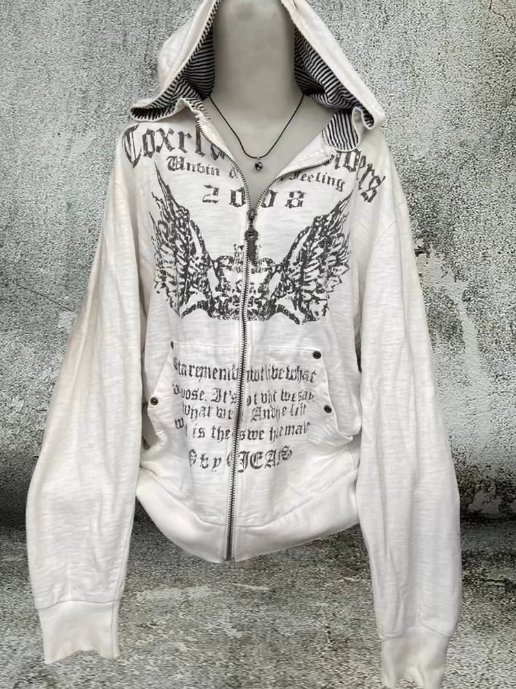 White Gray Y2K Punk Gothic Vintage Print Hoodie