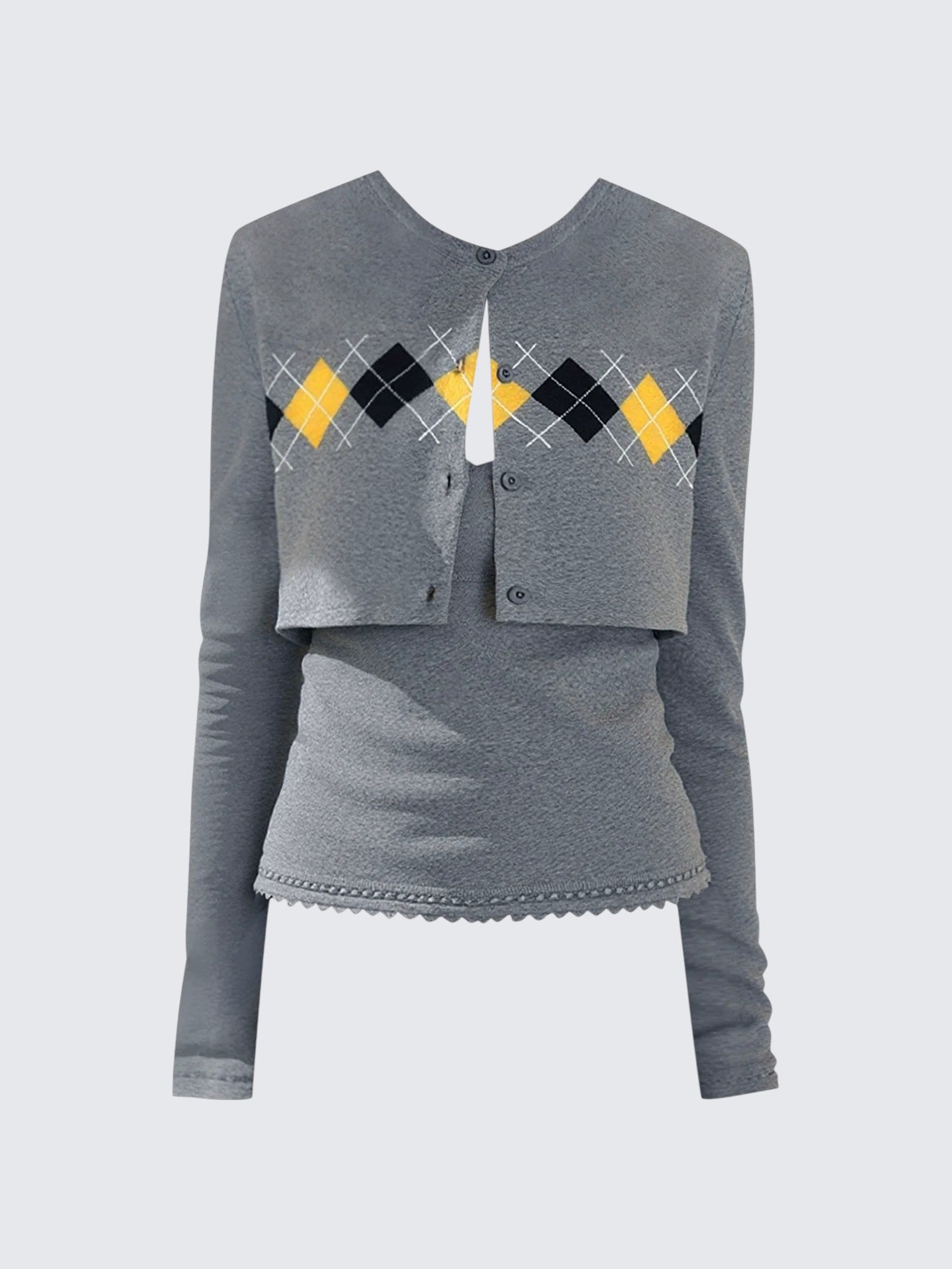 Korean Retro Diamond Knit Cardigan Set