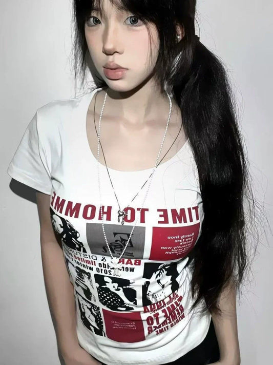 White American Vintage Regular-Shoulder Print Y2K T-Shirt