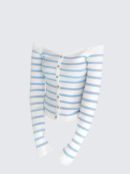 Blue Stripe Off Shoulder Knit Top Women