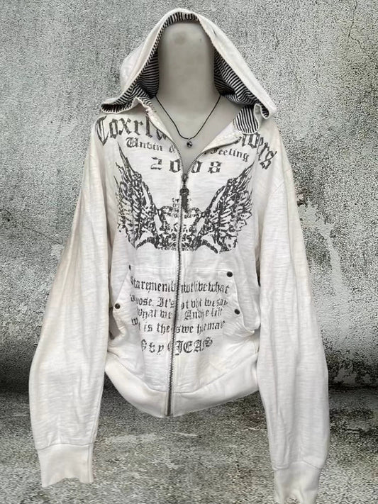 White Gray Y2K Punk Gothic Vintage Print Hoodie