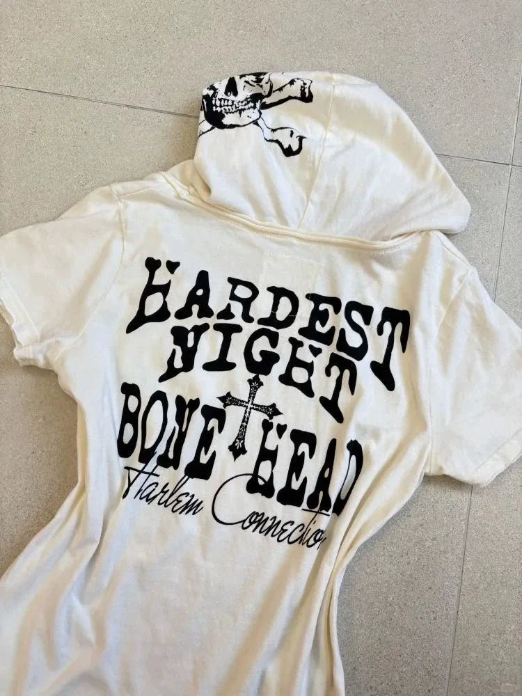 White Subculture Punk Y2K E-girl Abi American Retro Skull Print Short Sleeve Top